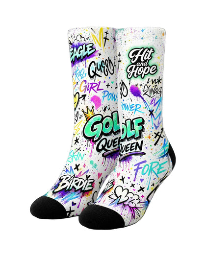 HIT AND HOPE Golfsocken – Graffiti Golf Queen White Pastel