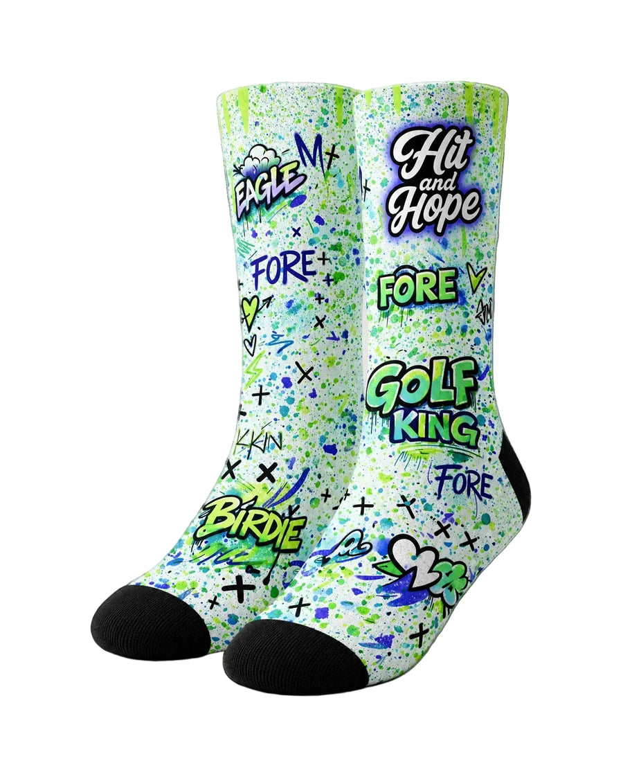 HIT AND HOPE Golfsocken – Graffiti Golf King White Green