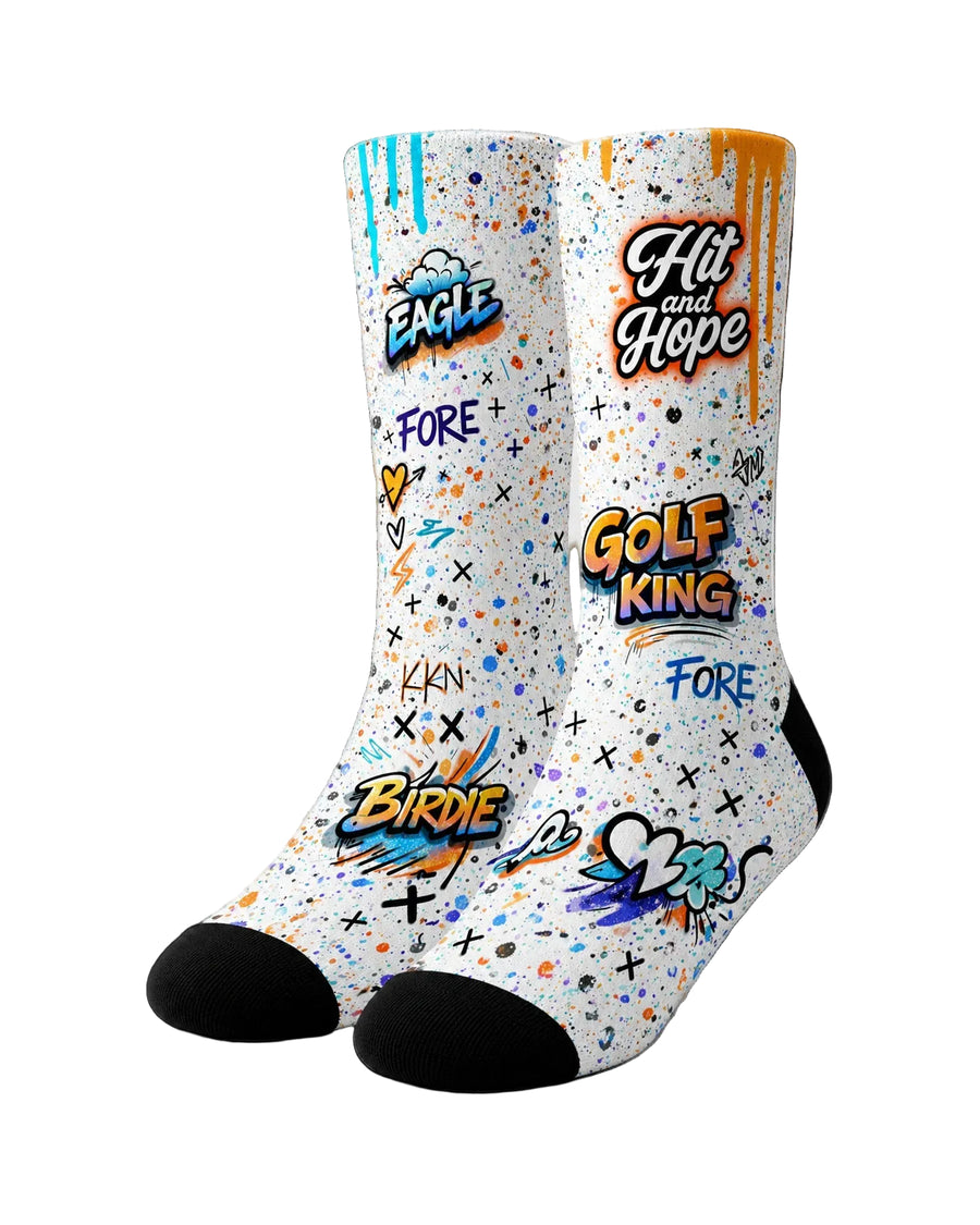 HIT AND HOPE Golfsocken – Graffiti Golf King White Orange